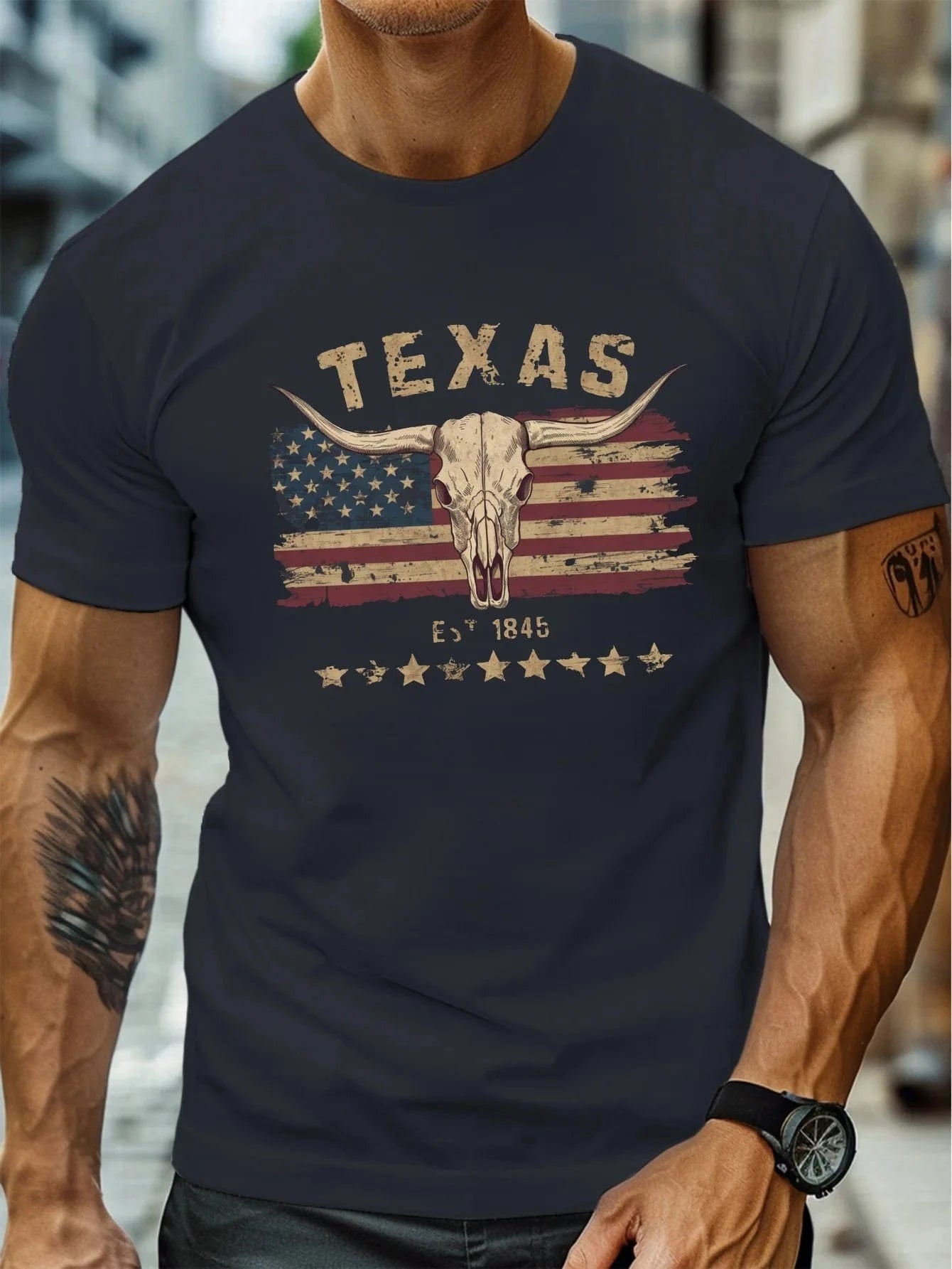 T-shirt i Bomull med Texas Longhorn Marinblå / XS