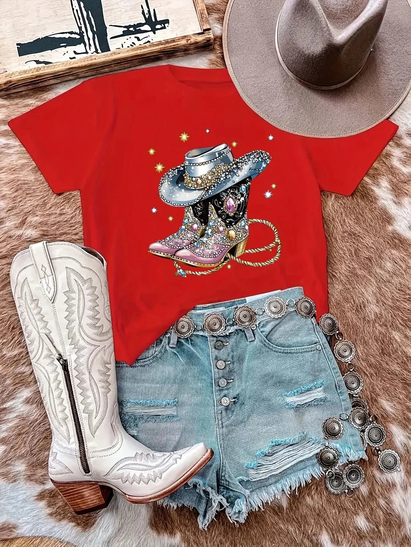T-shirt med glittrande cowgirlboots och hatt Röd / XS