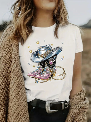 T-shirt med glittrande cowgirlboots och hatt Vit / XS
