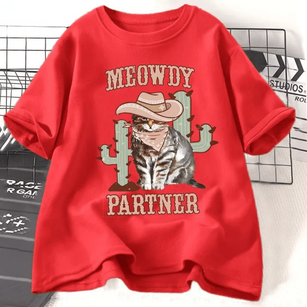 Tshirt med cowboykatt "Meowdy Partner" Röd / S