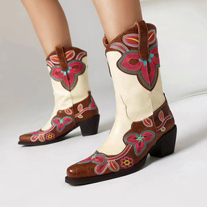 Tvåfärgade Höga Cowboyboots med Blommigt Broderi för Dam