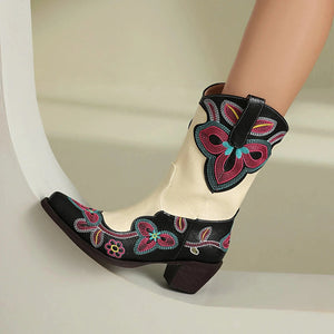 Tvåfärgade Höga Cowboyboots med Blommigt Broderi för Dam