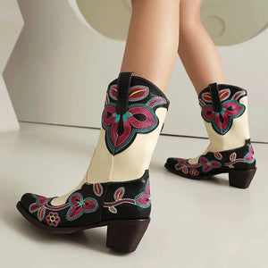 Tvåfärgade Höga Cowboyboots med Blommigt Broderi för Dam