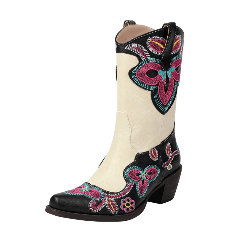Tvåfärgade Höga Cowboyboots med Blommigt Broderi för Dam