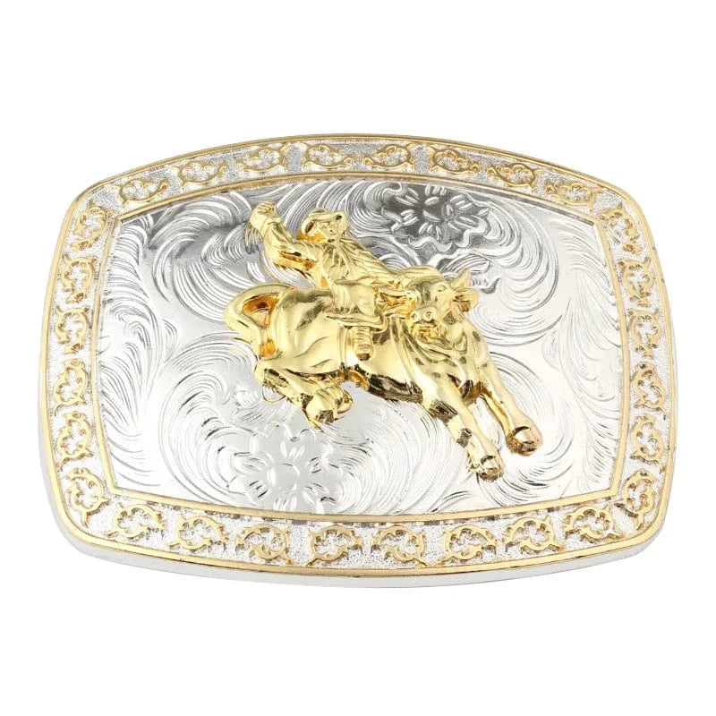 Vackert Silver Bältesspänne med Guldmotiv och Blomstergravyr Cowboy Rodeo