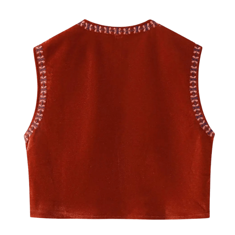 Vintage-inspirerad Dam Väst i Sammet med Blombroderi