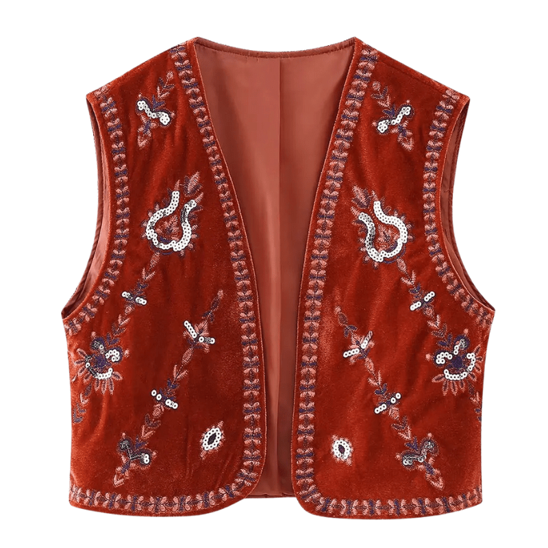 Vintage-inspirerad Dam Väst i Sammet med Blombroderi
