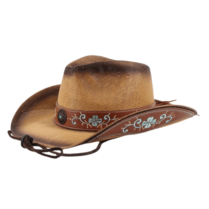 Vintage Stråcowboyhatt med Broderade Detaljer
