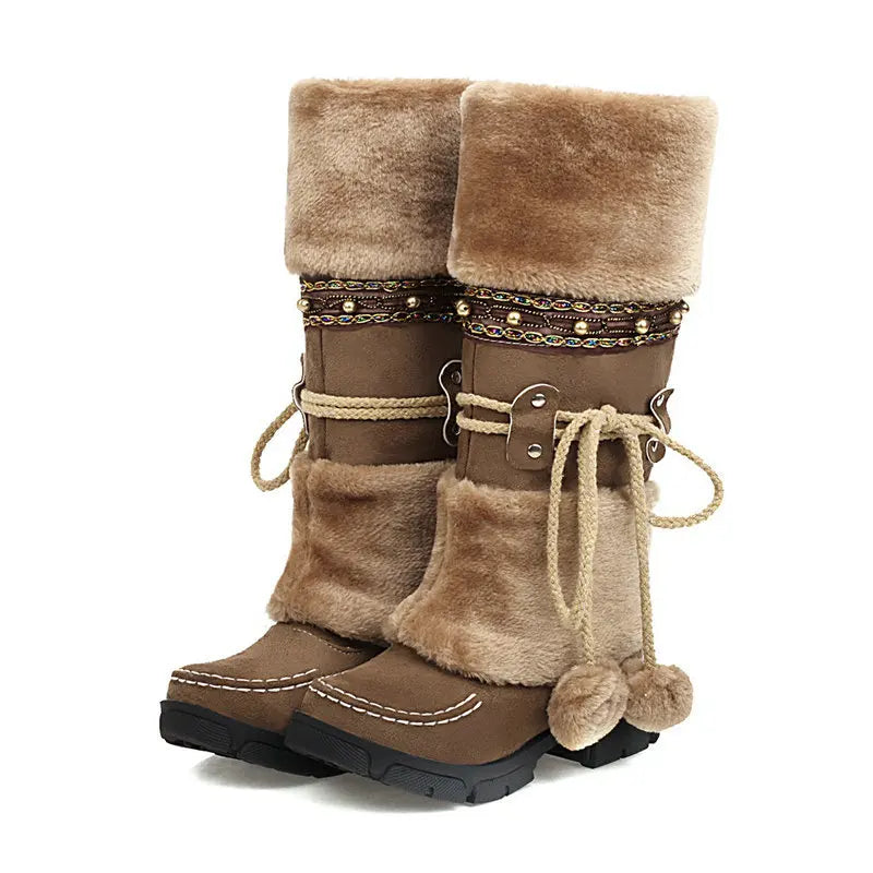 Vinter cowboyboots med fluffig insida och dekorativ snörning