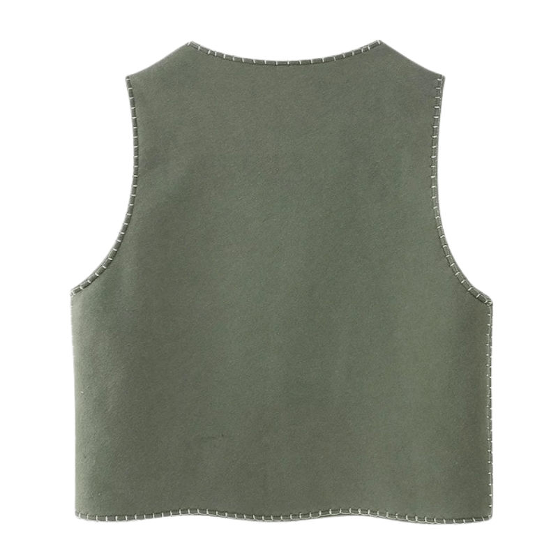 Virkad Sommarväst för Dam med Grön Bas och Vita Blommönster