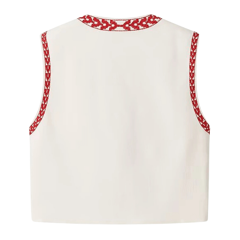 Vit Broderad Väst med Röda Blommor
