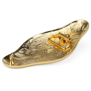 Western Bältesspänne "Böjande Cowboy" med Röda Strass och Guldgravyr