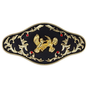 Western Bältesspänne "Böjande Cowboy" med Röda Strass och Guldgravyr Två örnar