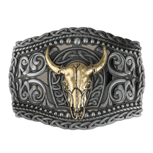 Western Bältesspänne i Metall med Präglad Design Kort hornskalle