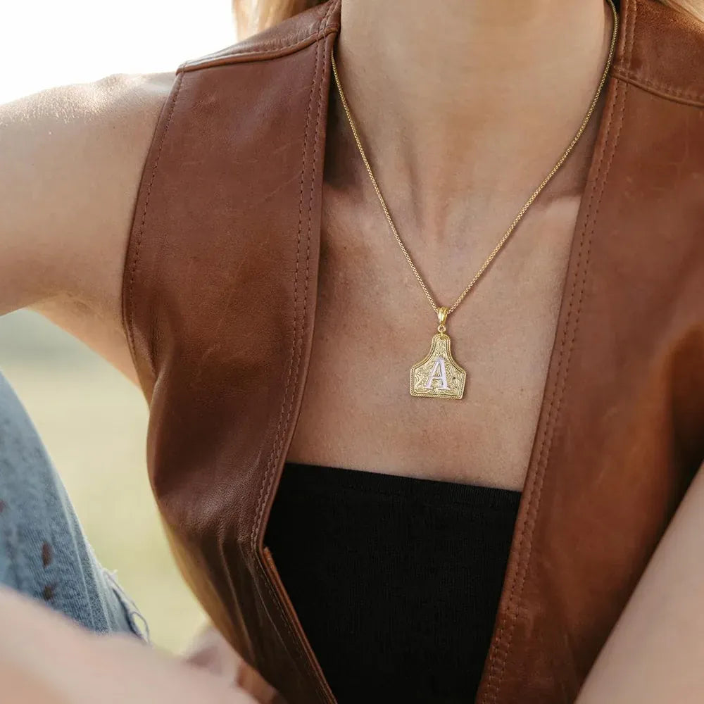 Western Cowgirl Initial Necklace Cowboy A-Z Letter Pendant Necklace for Women Handmade CowTag Two-Toned Jewelry Gift