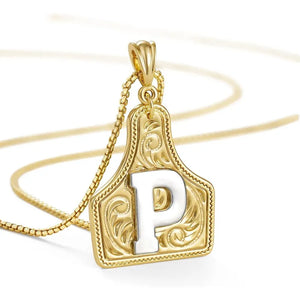 Western Cowgirl Initial Necklace Cowboy A-Z Letter Pendant Necklace for Women Handmade CowTag Two-Toned Jewelry Gift P / With cowboy box