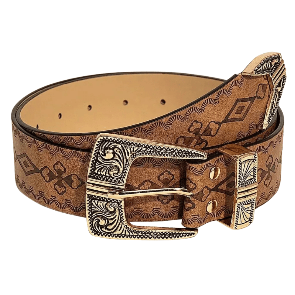 Westernbälte för kvinnor med vintagepräglat mönster och dekorativt spänne Ljusbrun / 102cm