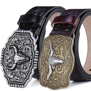 Westernbälte i Äkta Läder med Präglat Motiv och Stora Buckles