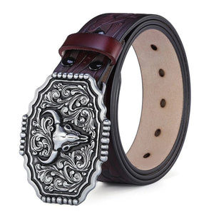 Westernbälte i Äkta Läder med Präglat Motiv och Stora Buckles Brunröd och silver 1 / 110cm