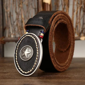Westernbälte i Äkta Läder med Rund Spännesdesign och Vintage-känsla