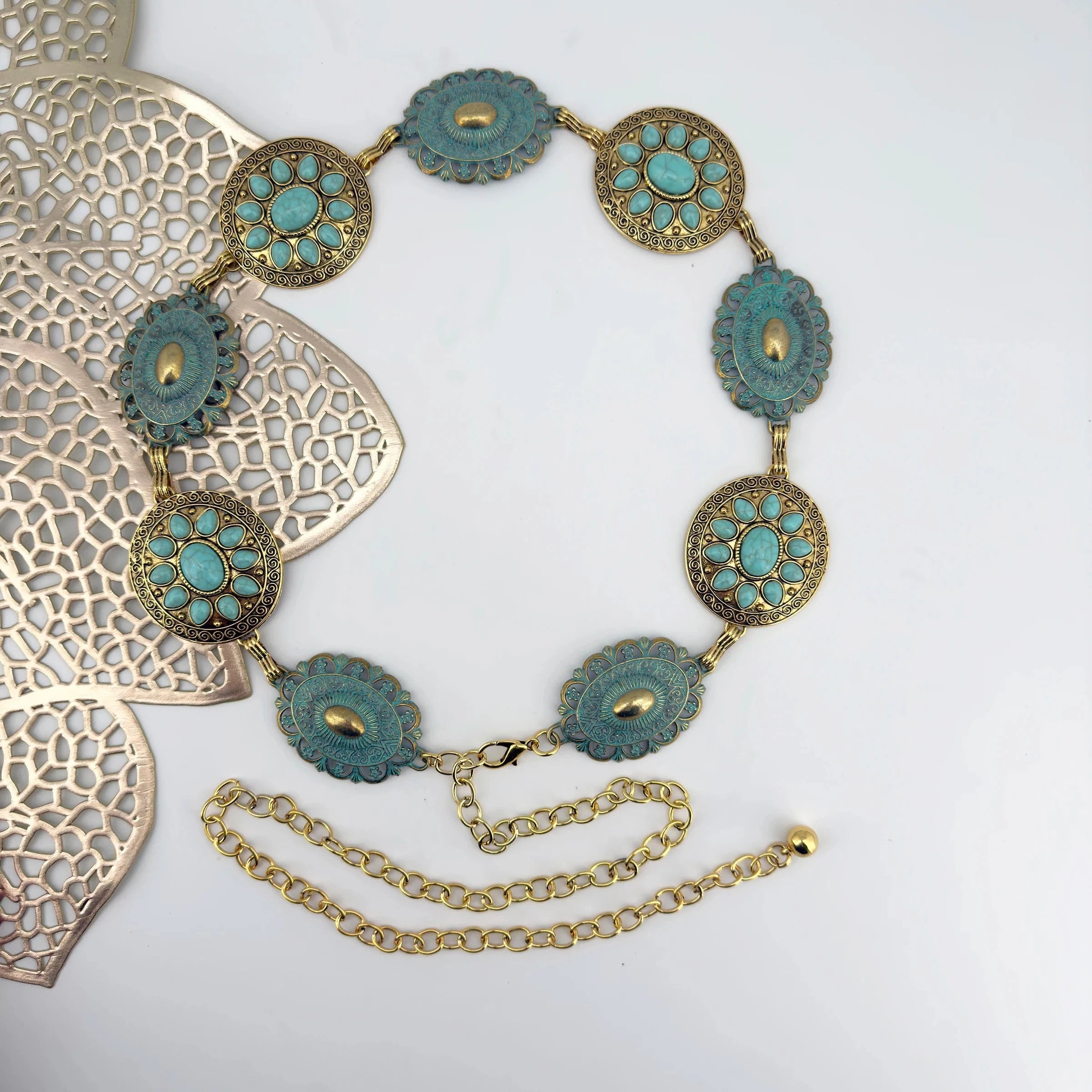 Westernbälte i Bohemisk Stil med Turkosdetaljer Turkos och guld / 120cm