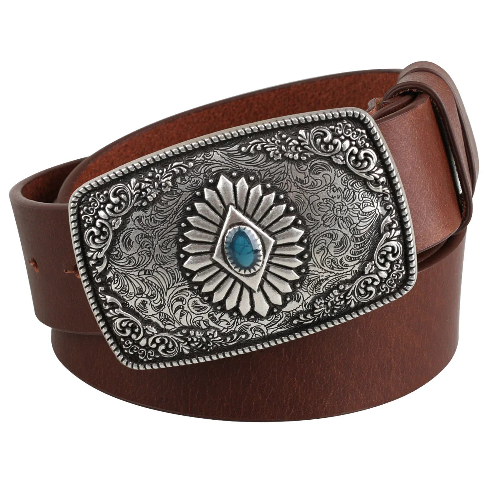 Westernbälte i fullnarvat läder silverspänne Brun / 95cm