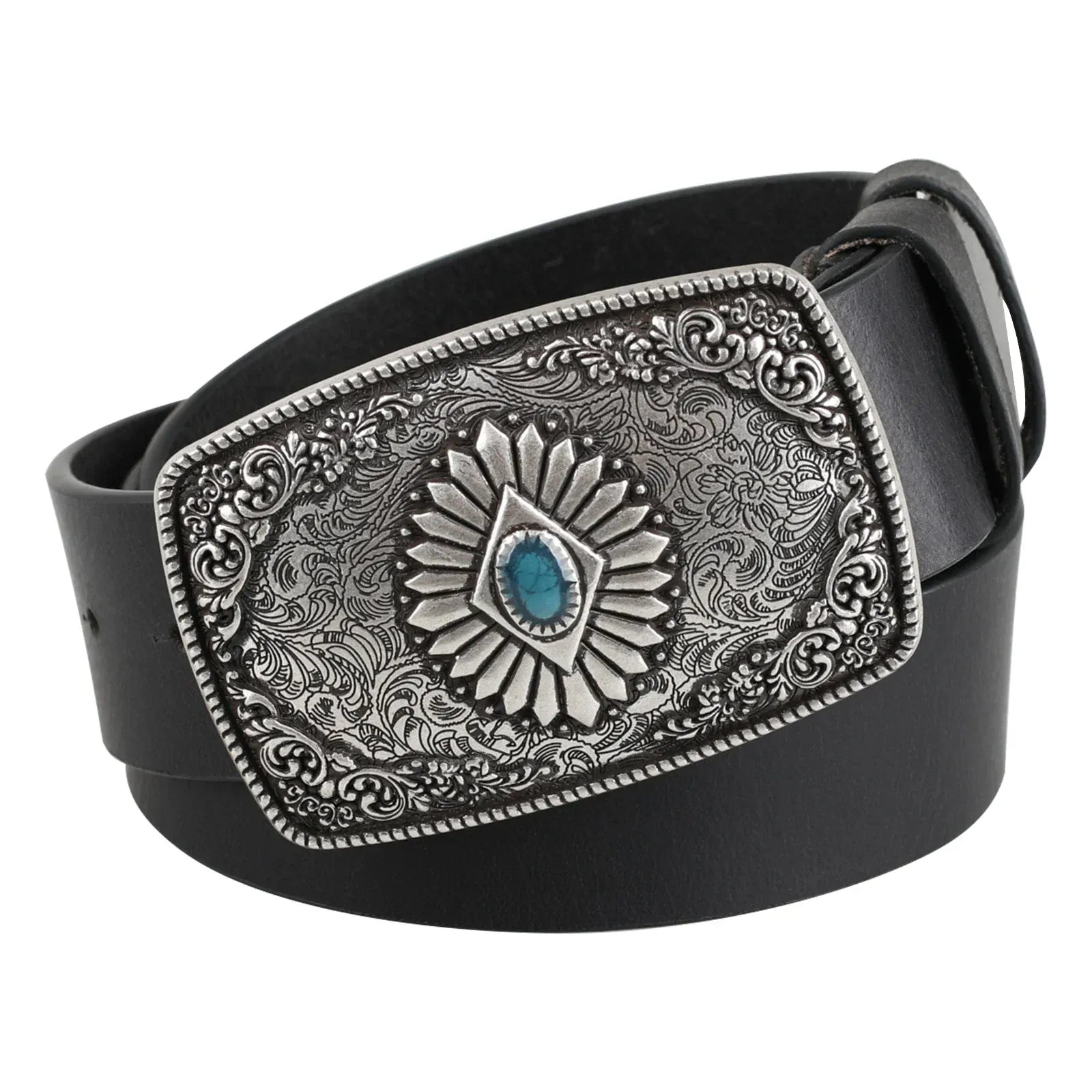 Westernbälte i fullnarvat läder silverspänne Svart / 95cm