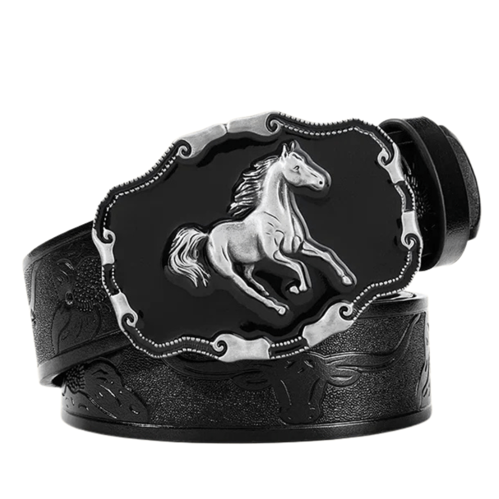 Westernbälte i konstläder med hästspänne och blommönster