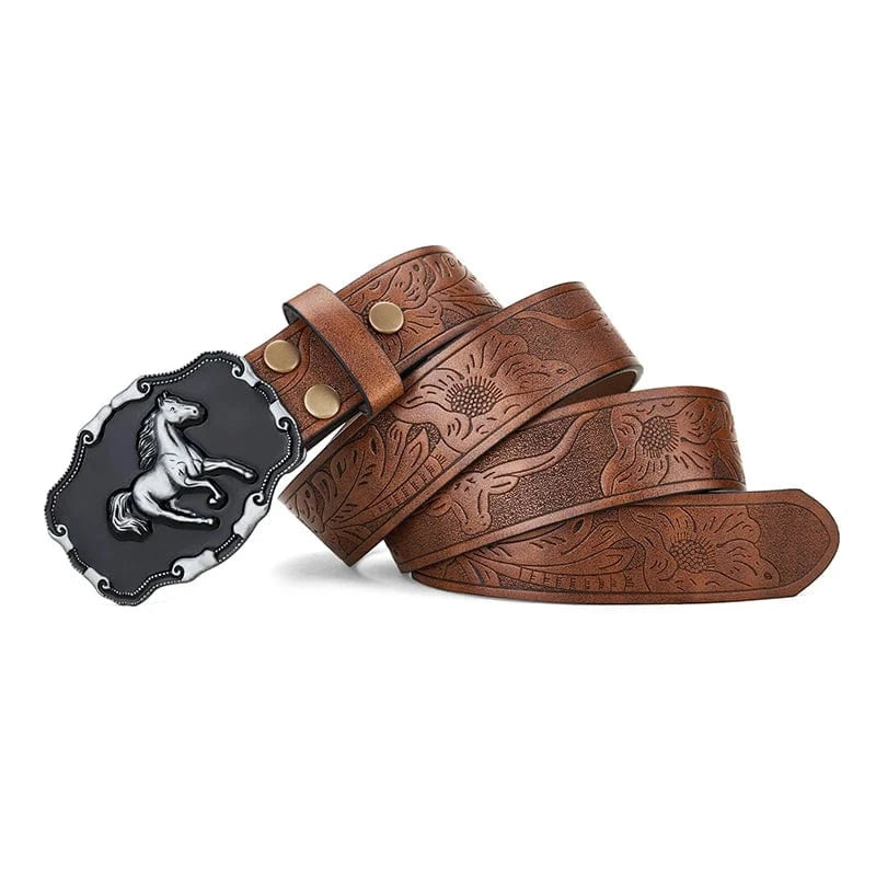 Westernbälte i konstläder med hästspänne och blommönster Brun / 110cm