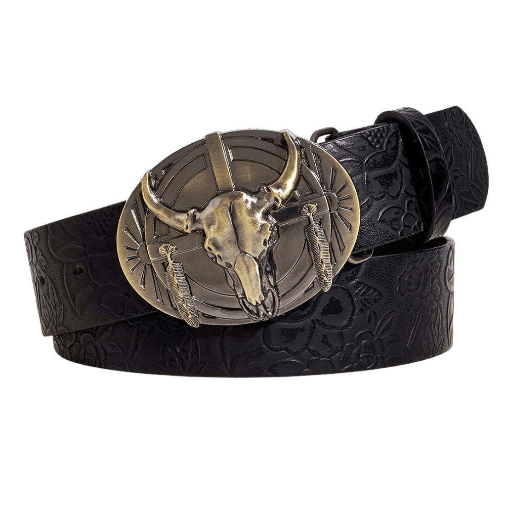 Westernbälte i präglad läderlook med oxskalle och pionmönster Svart / 102cm