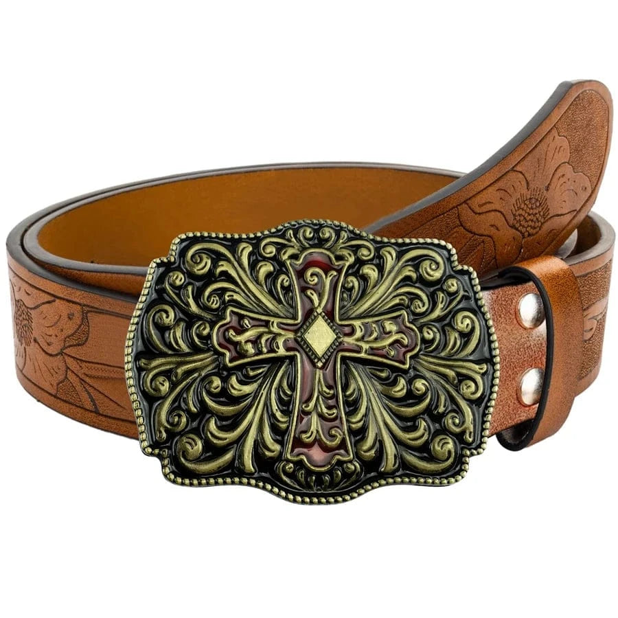 Westernbälte i präglat läder med barockinspirerat spänne i antikmetall Brun och guld / 110cm