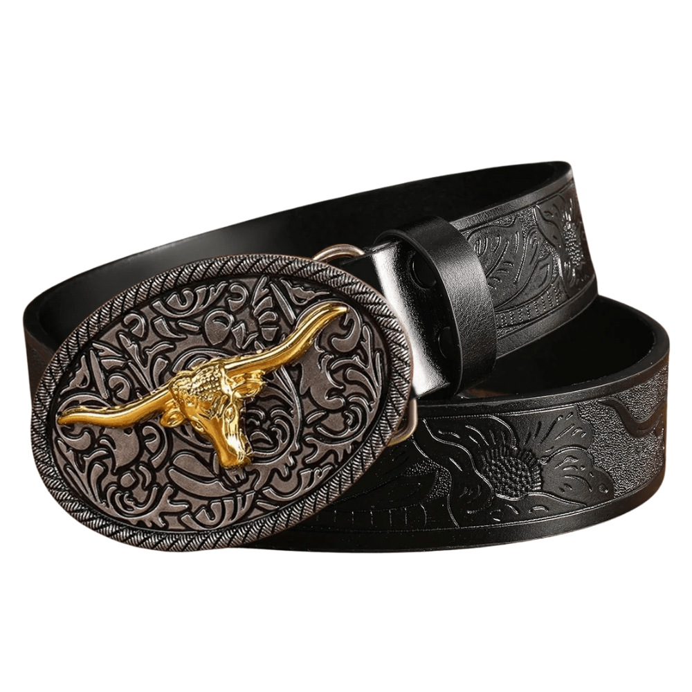 Westernbälte i Präglat läder med Oval Metallspänne Svart / 110cm