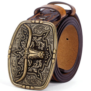 Westernbälte i präglat läder med oxhuvudspänne och blommönster Brun med bronsspänne / 105cm