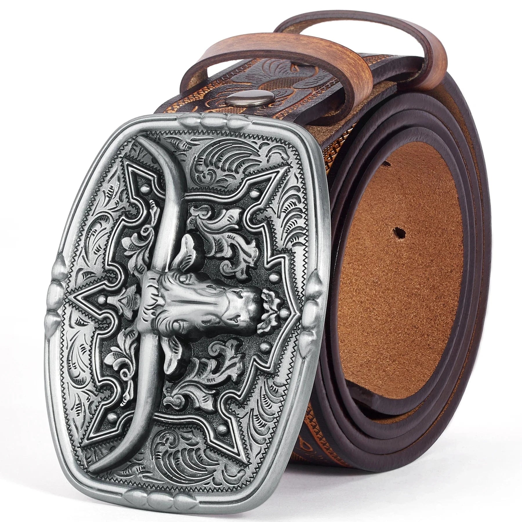 Westernbälte i präglat läder med oxhuvudspänne och blommönster