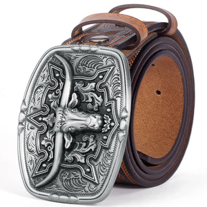 Westernbälte i präglat läder med oxhuvudspänne och blommönster Brun med silverspänne / 105cm