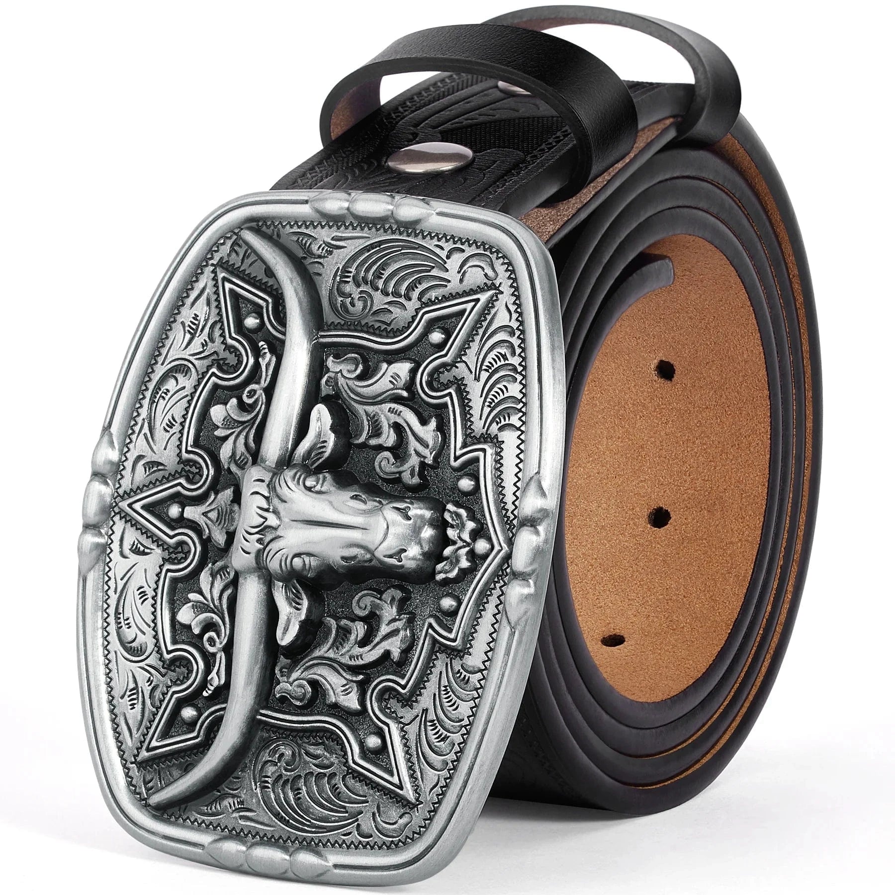 Westernbälte i präglat läder med oxhuvudspänne och blommönster