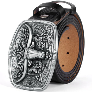 Westernbälte i präglat läder med oxhuvudspänne och blommönster Svart med silverspänne / 105cm