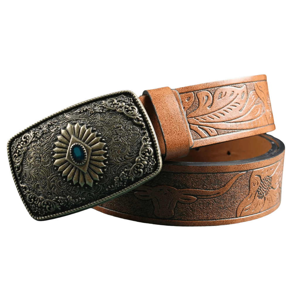 Westernbälte i Präglat Läder med Resin och Retrospänne Brun-guld / 110cm