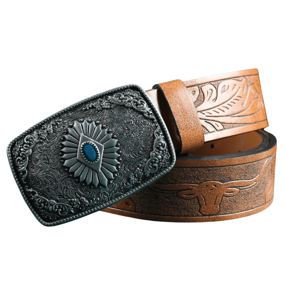 Westernbälte i Präglat Läder med Resin och Retrospänne Brun-silver / 110cm