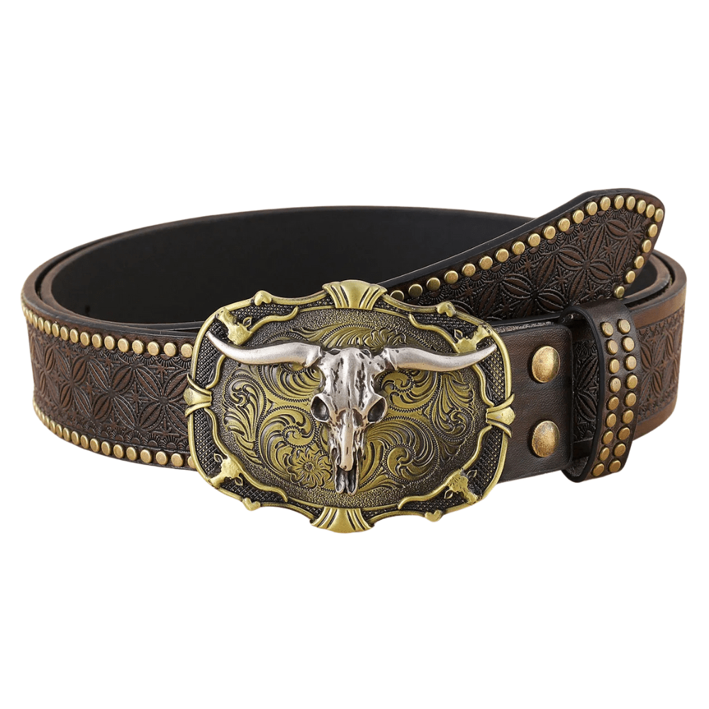 Westernbälte i Präglat läder med Storslagen Buckle Brun-skalle / 110cm