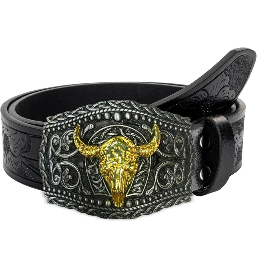 Westernbälte i präglat läder med tjurhuvud Svart / 110cm