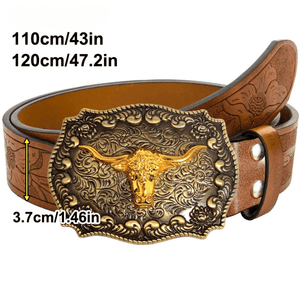 Westernbälte i präglat läder med tjurhuvudspänne