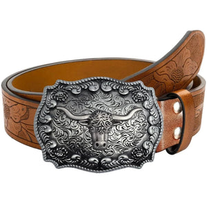Westernbälte i präglat läder med tjurhuvudspänne Brun oc silver / 110cm