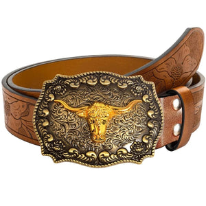 Westernbälte i präglat läder med tjurhuvudspänne Brun och guld / 110cm