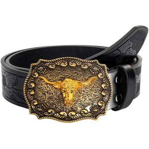 Westernbälte i präglat läder med tjurhuvudspänne Svart och guld / 110cm