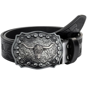 Westernbälte i präglat läder med tjurhuvudspänne Svart och silver / 110cm