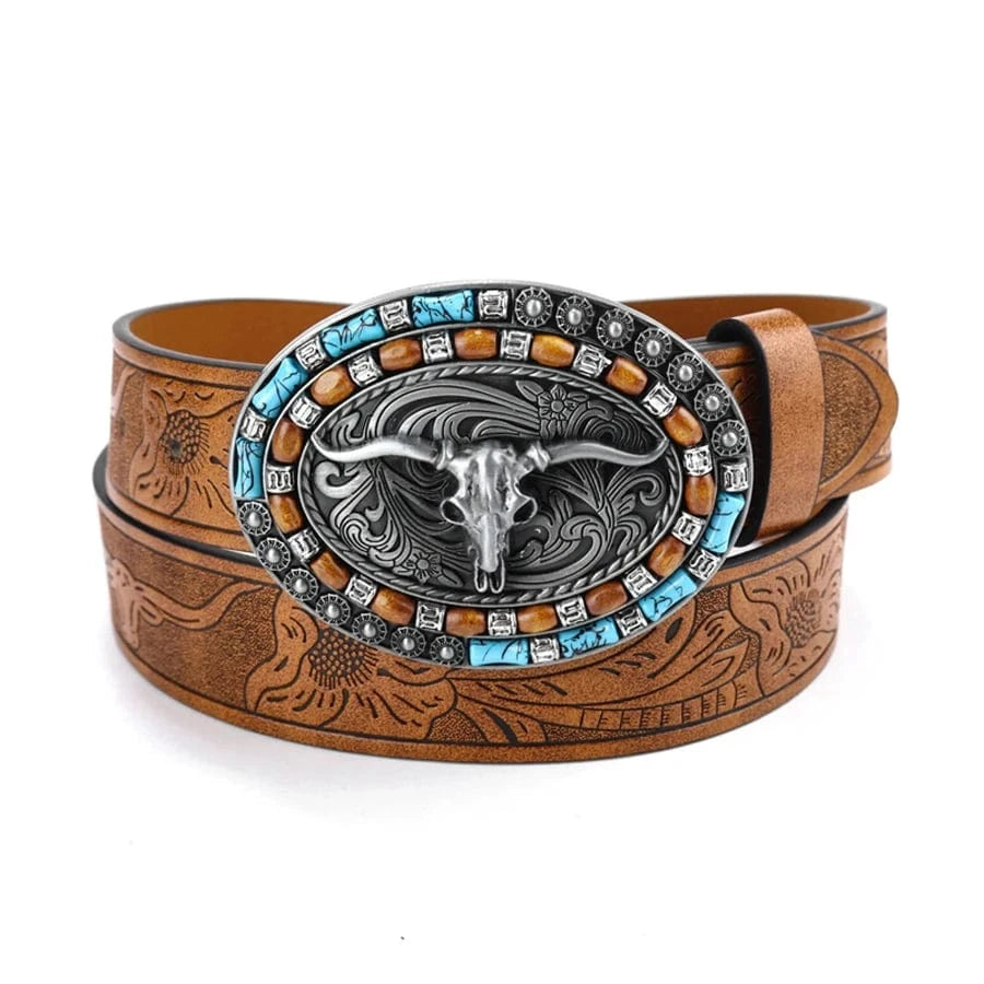 Westernbälte i präglat läder med turkoser och hornspänne