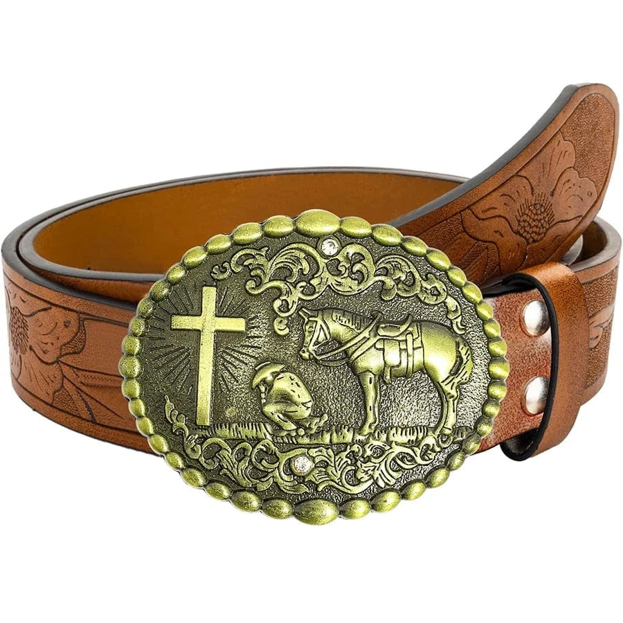 Westernbälte i präglat med detaljrik spänne Brun med bronsspänne / 110cm