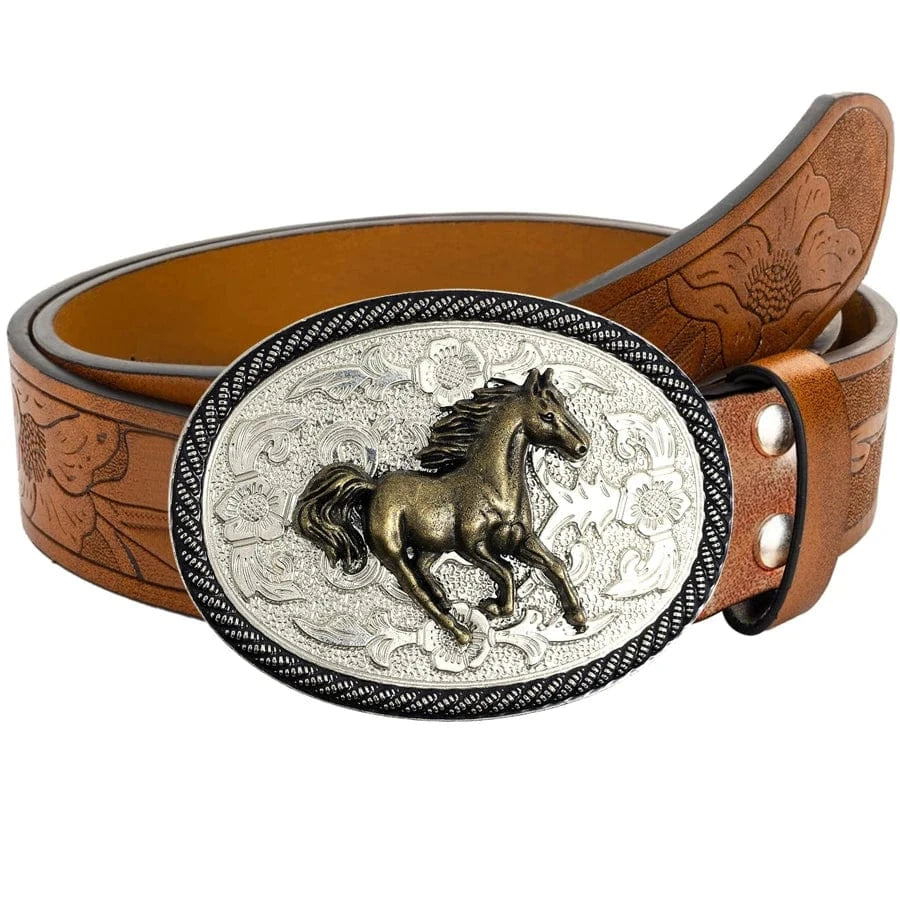 Westernbälte i präglat med detaljrik spänne Brun med silverspänne / 110cm