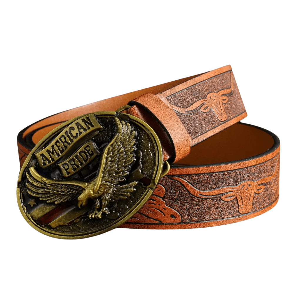 Westernbälte i präglat tläder med djurmotiv och retrospänne Brun / 110cm